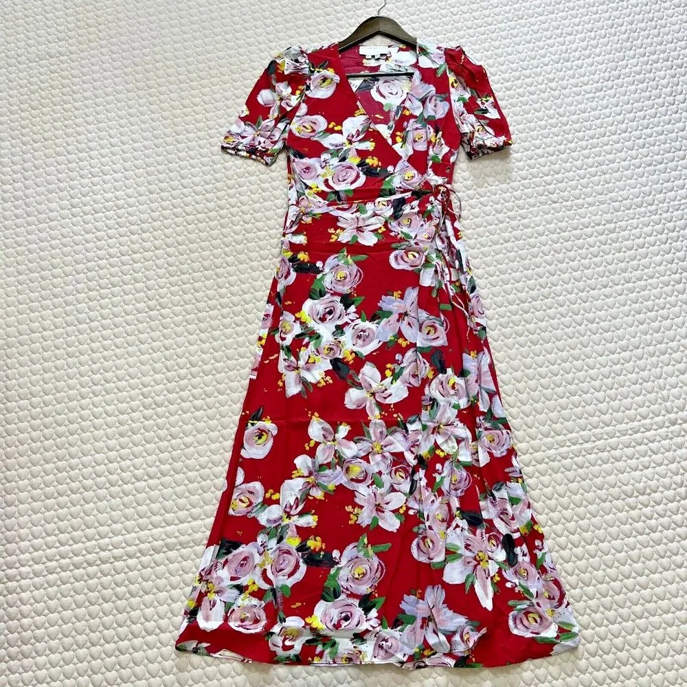 NWT Anthropologie Rosalia Red floral Wrap Midi Dress Size 4 - Image 4