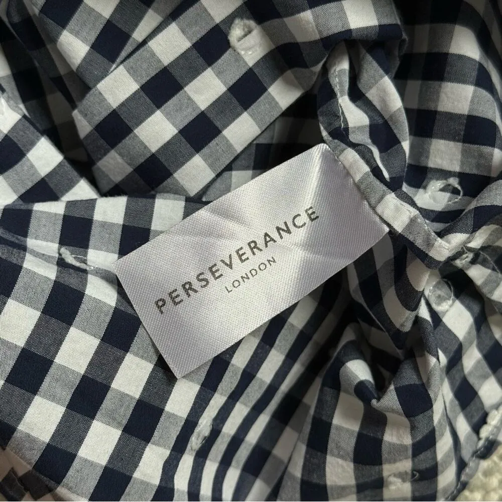 Perseverance Blue White Gingham Daisy Floral Short Puff Sleeve Midi Dress Size 8 - Image 8