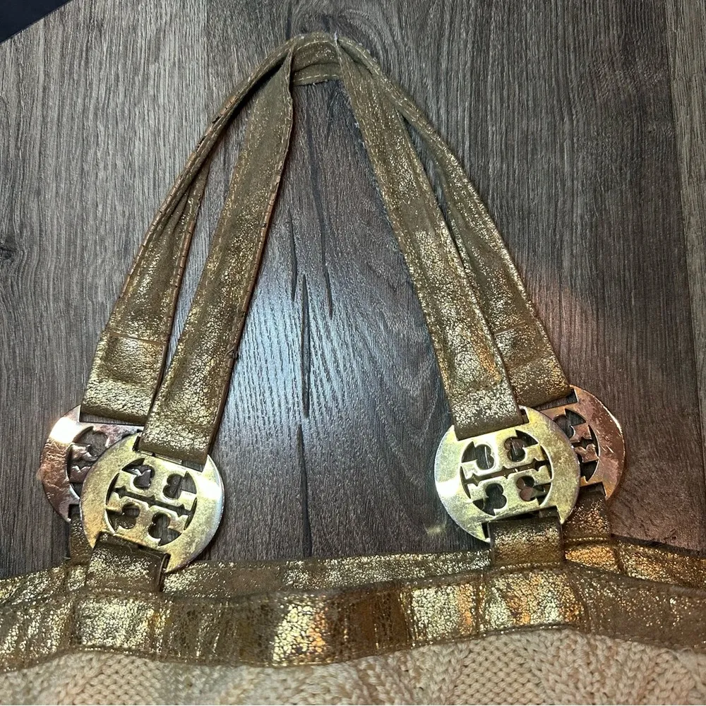 TORY BURCH Tote Bag Cable Knit METALLIC GOLD TRIM Wool Silk Lining Horse READ! - Image 9