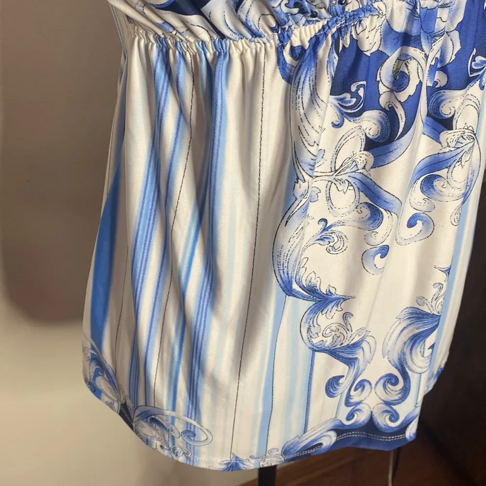 Boston Proper Sublimation tee in blue multi scroll print crystal embellished XS - Image 9