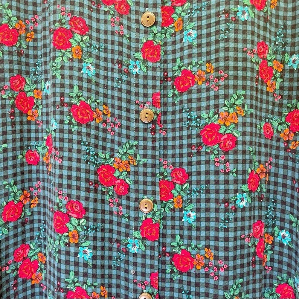Matilda Jane Fa La La Teal Gingham Red Yellow Floral Shirt Dress Size Medium - Image 6