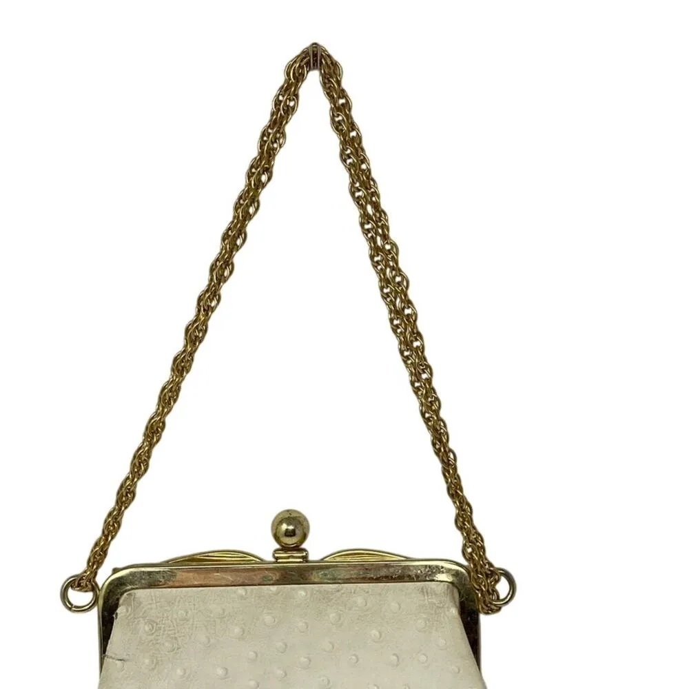 Vintage Triangle by New York Leather Purse Gold Toned Chain Ostrich Leather Bag White - Image 12