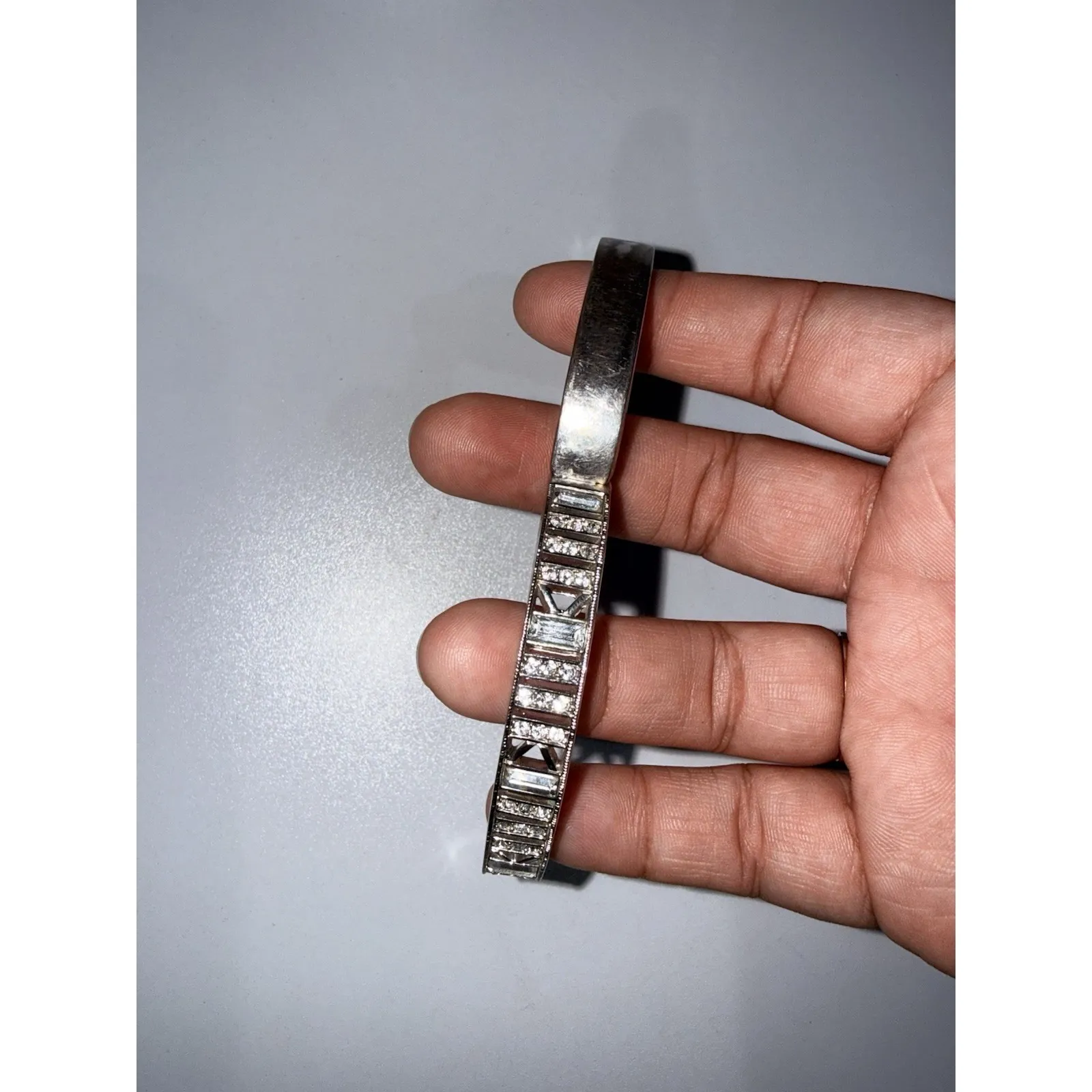 Vintage Givenchy Signed Silver Tone & CZ Hinged Bangle Bracelet 7" - Image 4