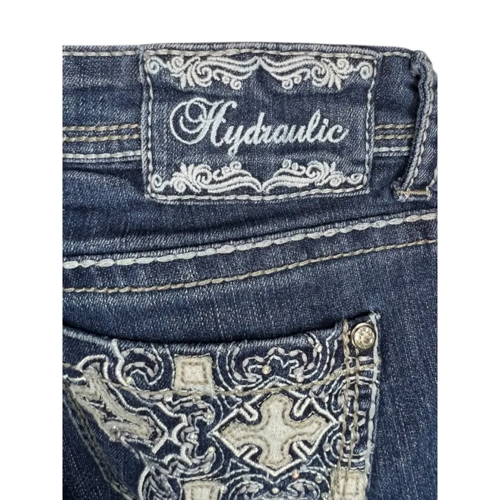 Hydraulic Slim Bootcut Dark Wash Contrast Stitch Jeans With Embellished Pockets - Image 7