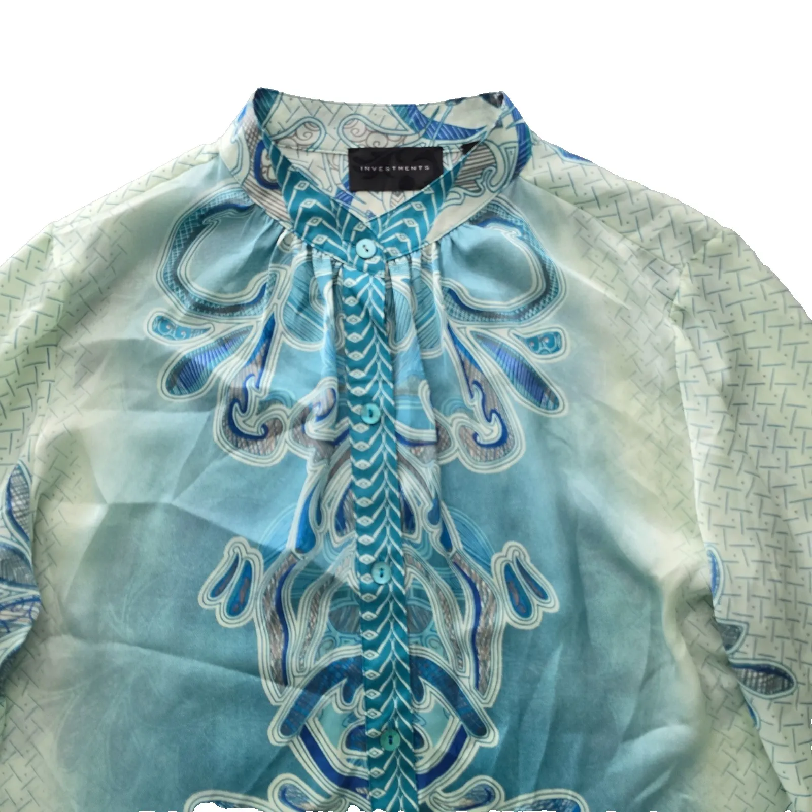 Floral Blue Whimsy Tunic Feminine Botanical Silky Cottage Garden Blouse Top 8 - Image 3