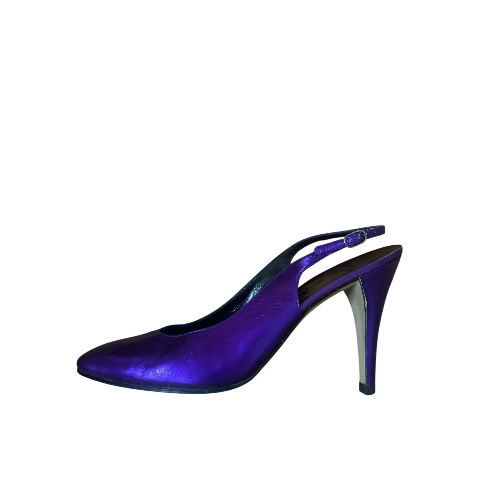 Vintage 90's YSL YVES ST. LAURENT Purple LEATHER Slingback Heels Shoes Pumps 8 - Image 2
