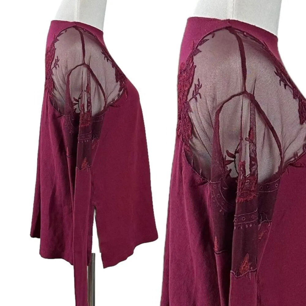 Free People Daniella Embroidered Illusion Top Wine Burgundy Lace Sheer Witchy XS - Image 7