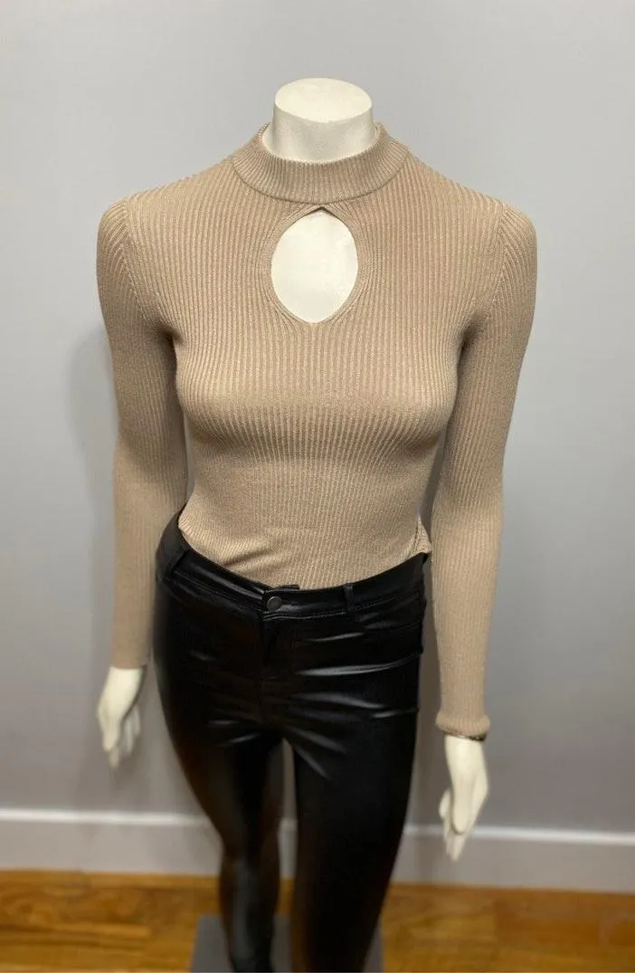 Ambiance Tan Ribbed Turtleneck with Keyhole Cutout - Image 4