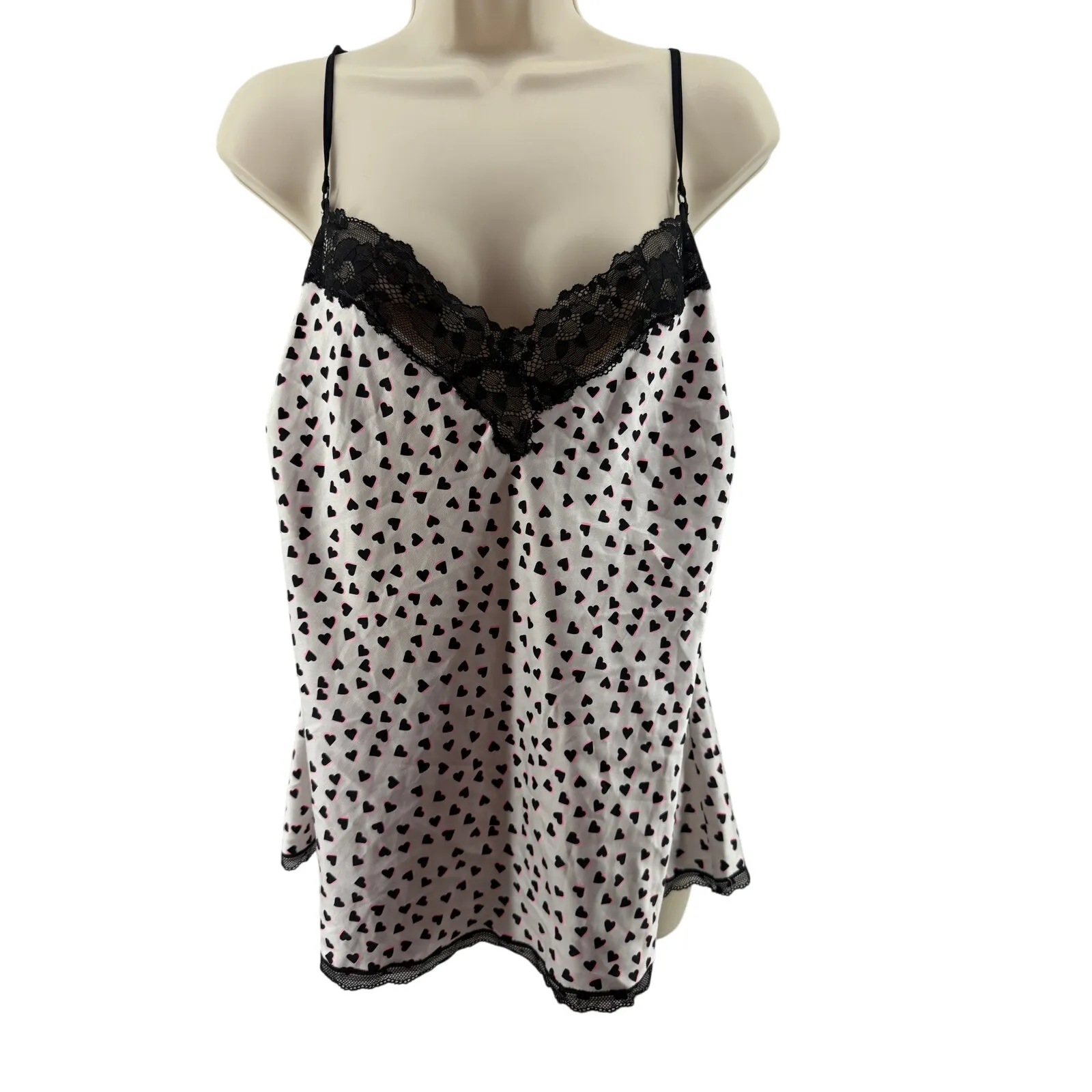 Victoria Secret Satin Sleepwear Black Neon Pink Heart Cami Shorts Set XLarge - Image 2