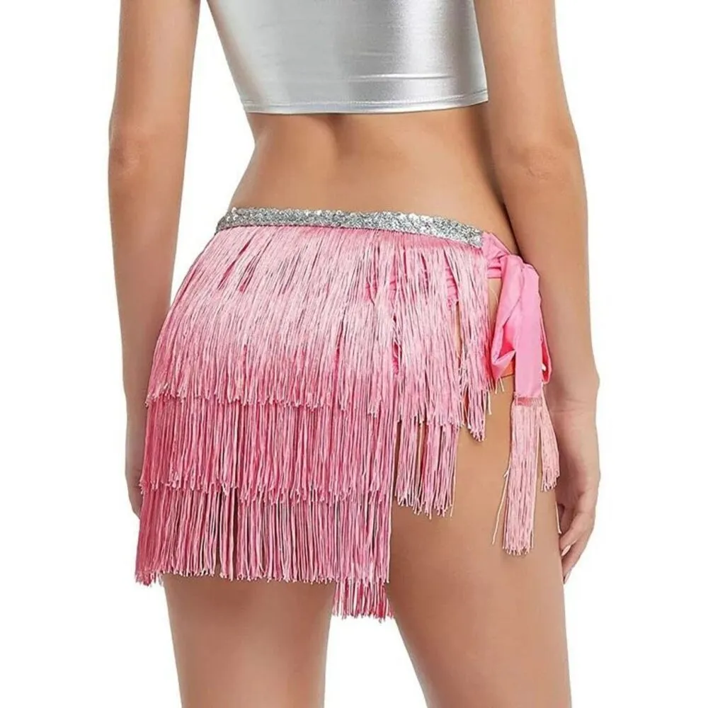 New Womens Fringe Tassel Embellished Tie Skirt Flapper Costume Coverup One Size Pink Size undefined - Image 2