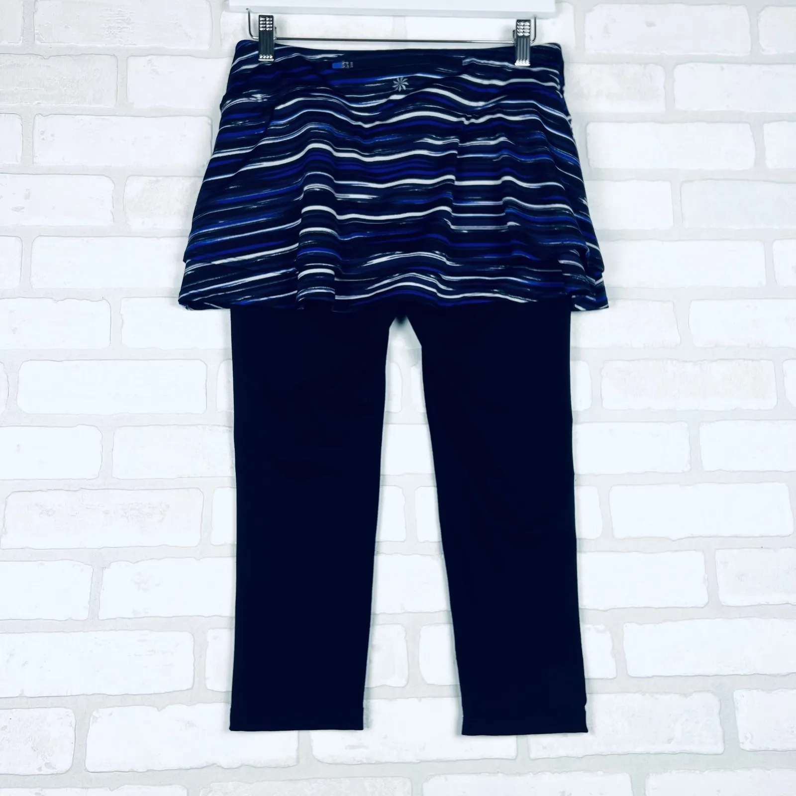 Athleta Skortee Skirt Capri‎ Leggings Blue Stripe Activewear Womens Size Small - Image 12