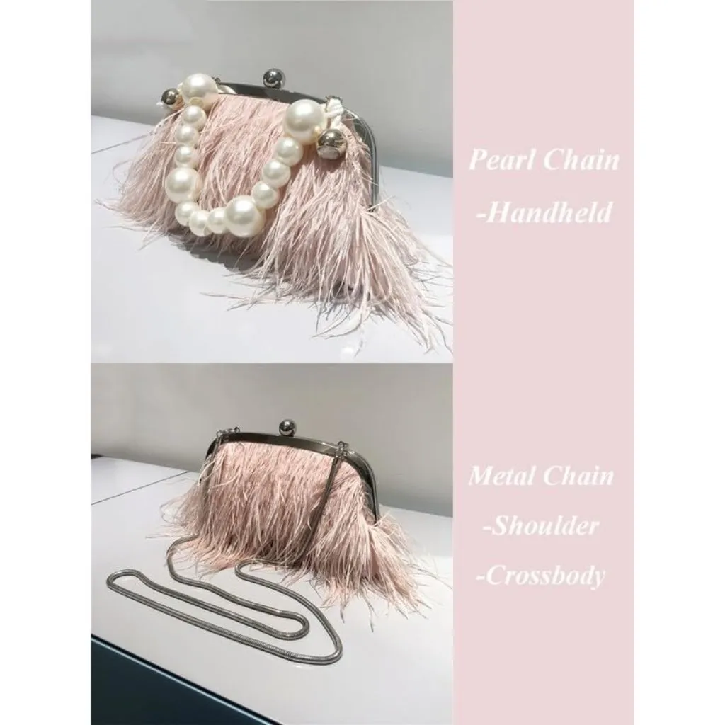 ⚡Women's Fluffy Ostrich Feather Pearl Banquet Evening Light Pink Clutch Bag - Image 4