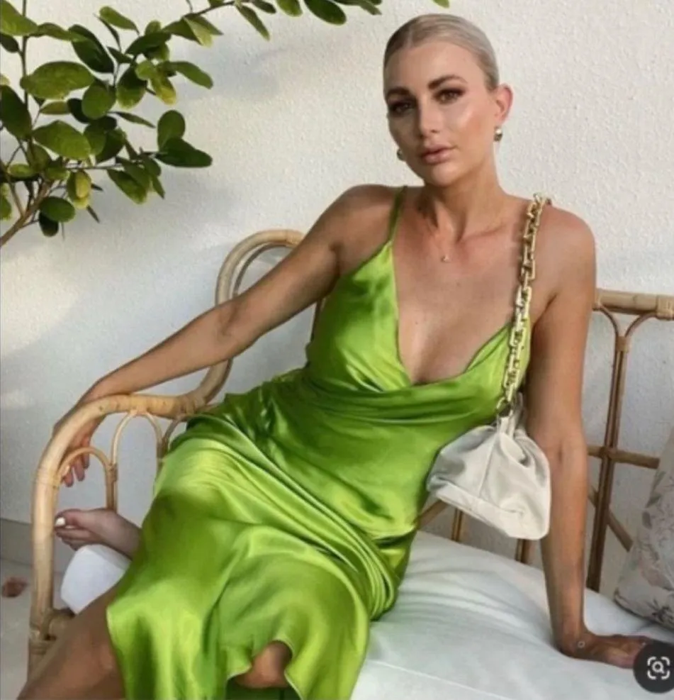 NWT ZARA Bright Green Satin Slip Midi Dress Sz XL Drapey Wrap Side Slit - Image 2