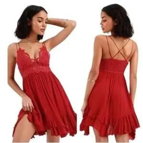 Free People One Adella Lace Slip Mini Dress Red Womens Size S Whimsical Fairy - Image 2