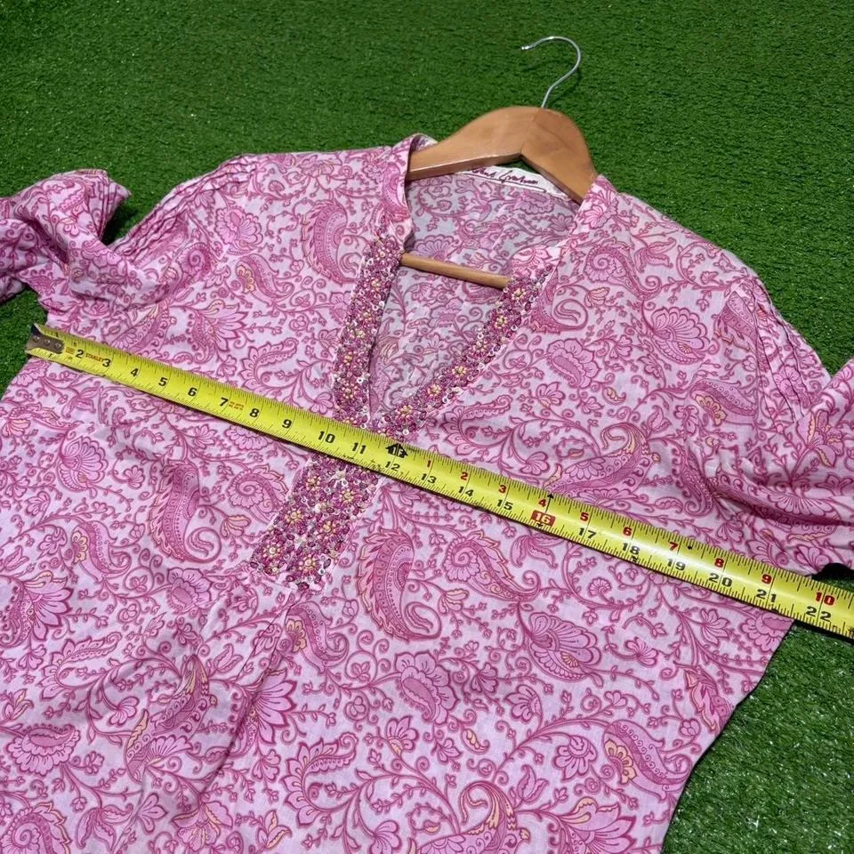 Robert Graham Women's Large Pink Paisley Beaded Tunic Top Boho V-Neck Artsy - Image 5
