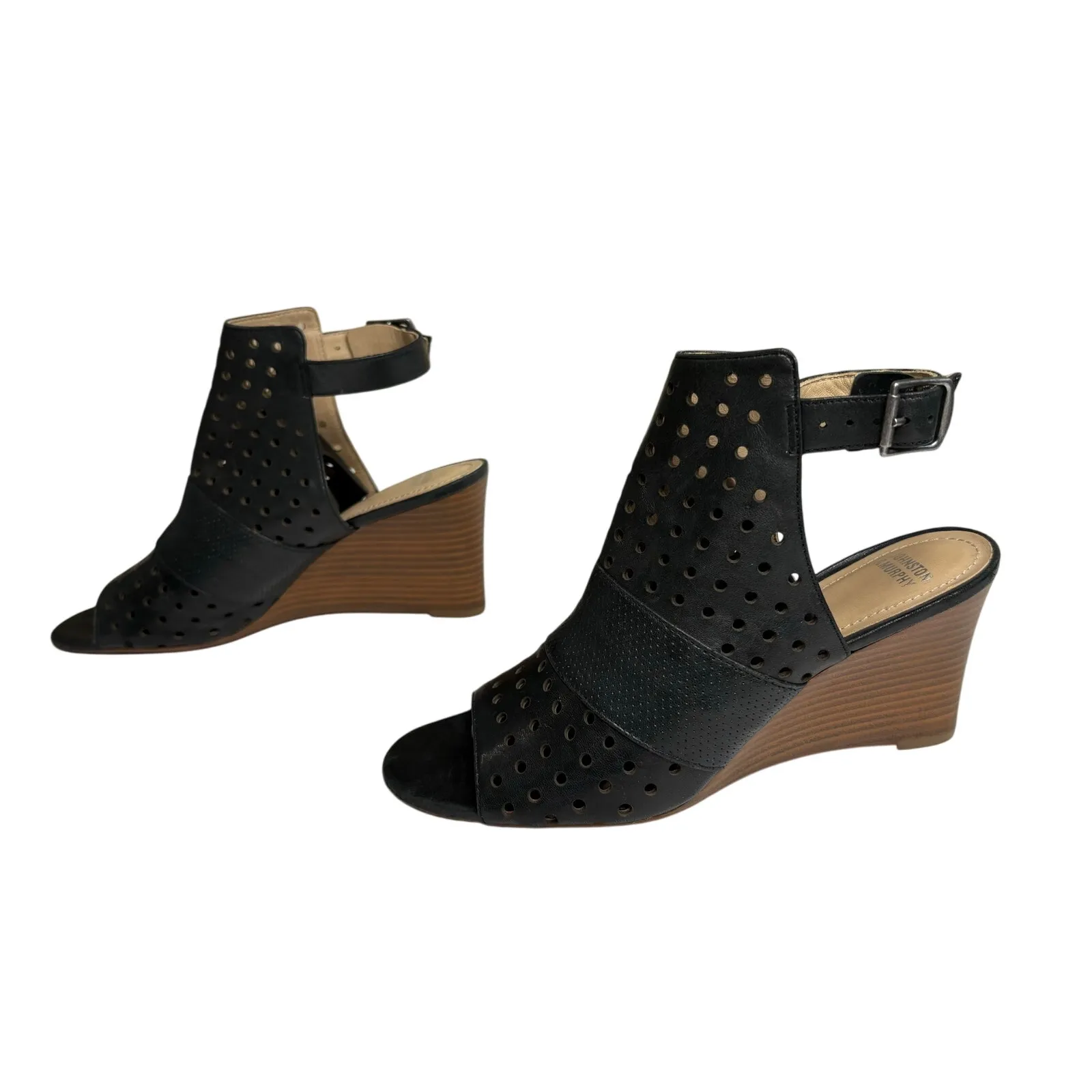 Johnston & Murphy Braley Perf Wedge Black Peep Toe Cage Sandals 7M Preppy - Image 2