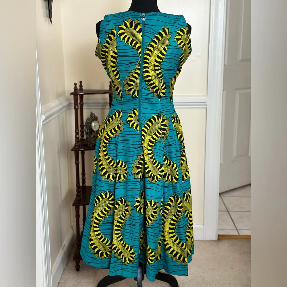 African Print Sleeveless Midi Dress Blue Size 8 - Image 3