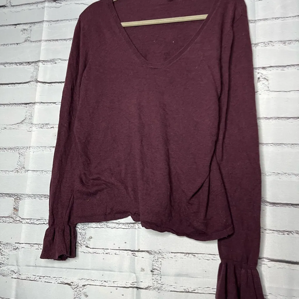 14th & Union Burgundy Long Sleeve Relaxed V-Neck Blouse SZ L Puff Sleeves - Image 8