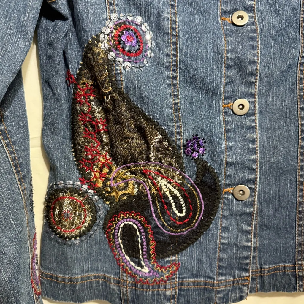 Ruby Rd. Blue Embroidered Embellished Paisley Jean Jacket Size 6 - Image 5