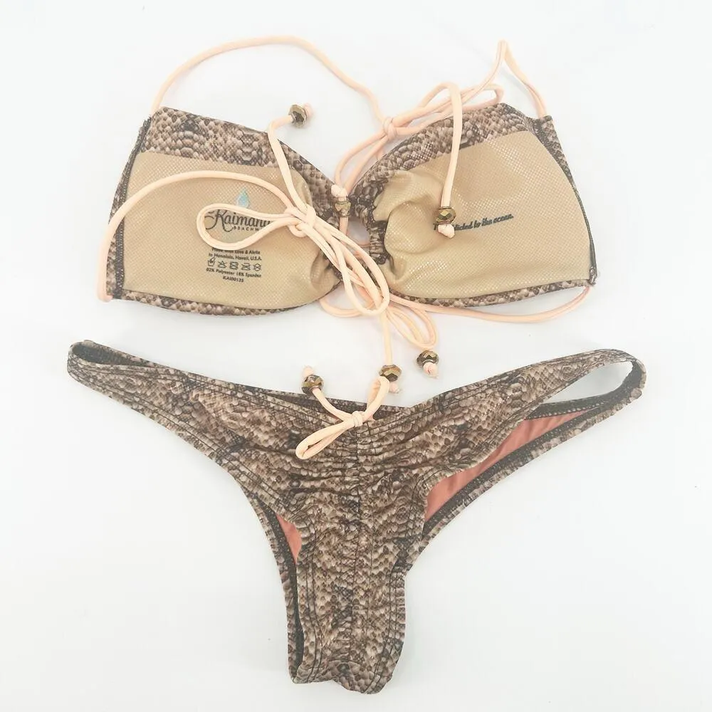 Kaimana Beachwear Cobra Snake Print Halter Bandeau Scrunch Low Rise Bikini Set M Tan Size M - Image 7
