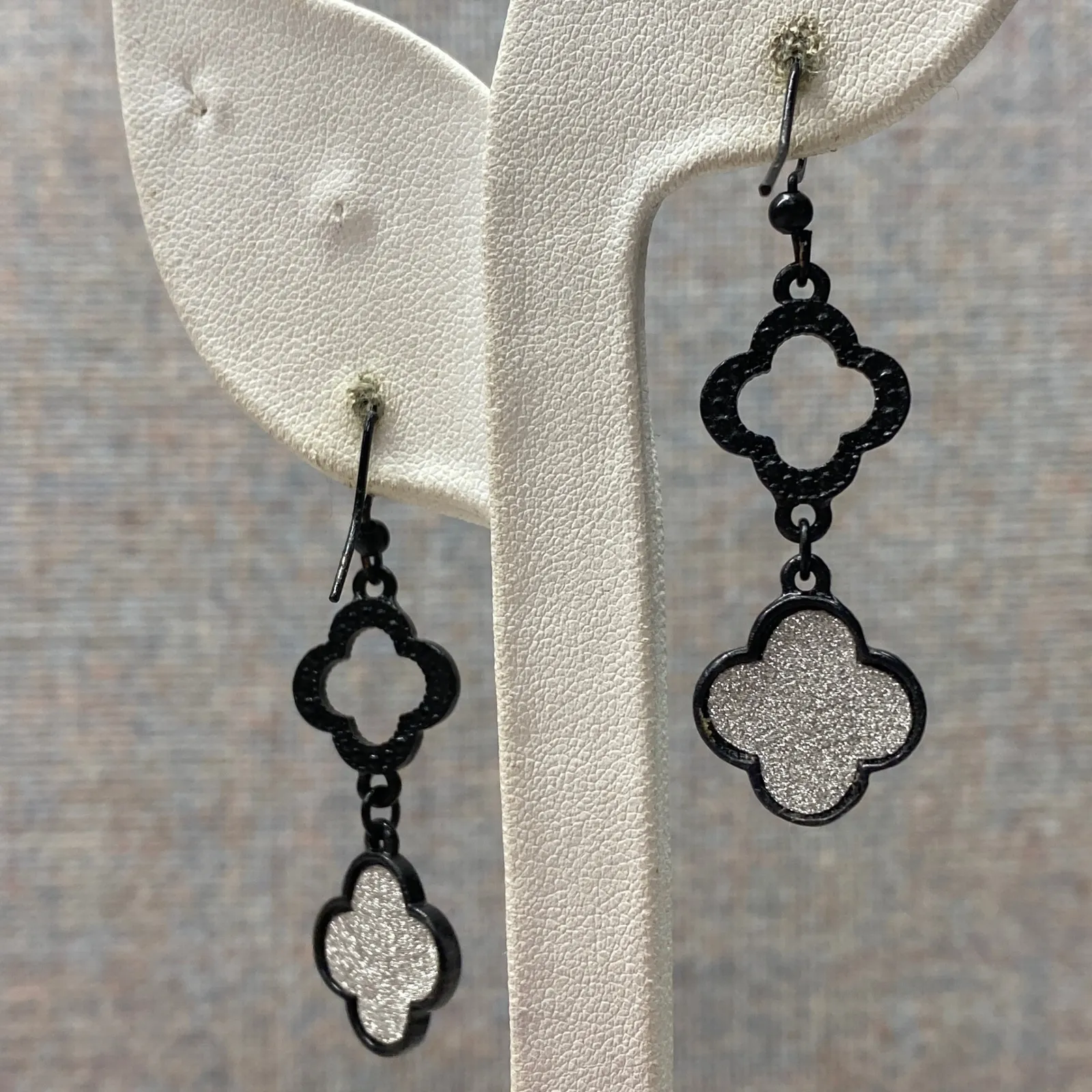 Silver Tone Black Quatrefoil Rhinestone Drop Dangle Luck & Sparkle Earrings - Image 7