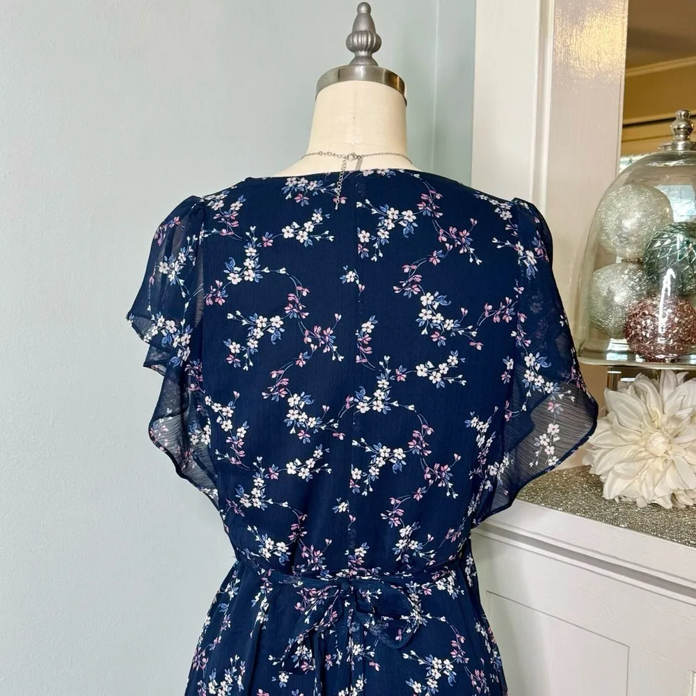 DREW for Anthropologie Floral Print Wrap Maxi Dress Boho Style Navy Size Small - Image 12