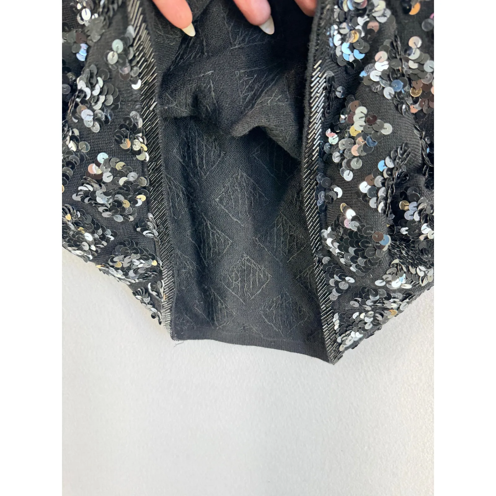 Cathy Hardwick Vintage Sequin Wool Dress Black Silver Bodycon Cocktail Party M Size M - Image 4