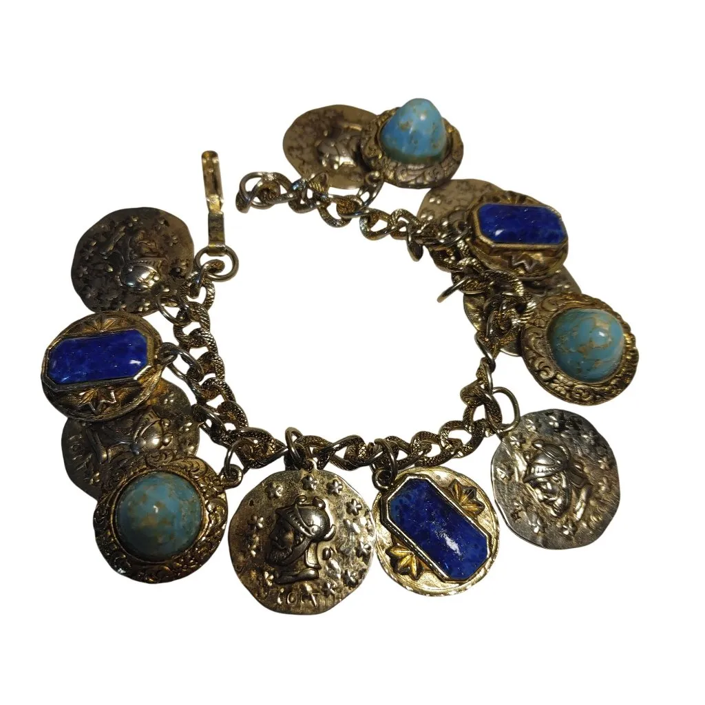 Coin Charm Bracelet Vintage Lapis Lazuli Turquoise Glass Stone Egyptian Etruscan Gold - Image 12