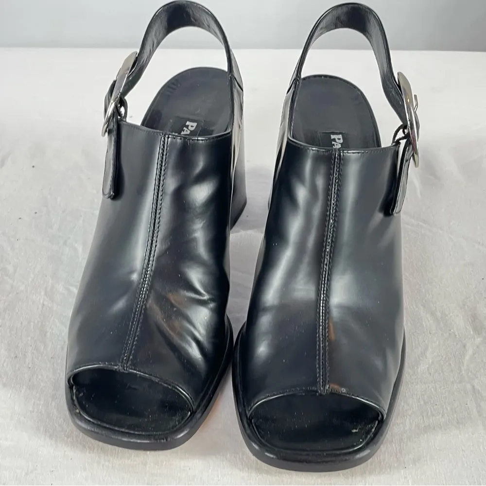 Y2K Vintage Paul‎ Green Open Toe Chunky Heeled Leather Shoe in Black Size 7.5 - Image 4