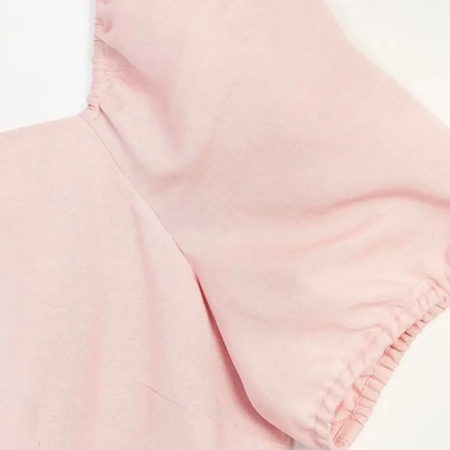 Loft Short Puff Sleeve Square Neck Pink Linen Blend Dress Tie Back Size 10 - Image 3