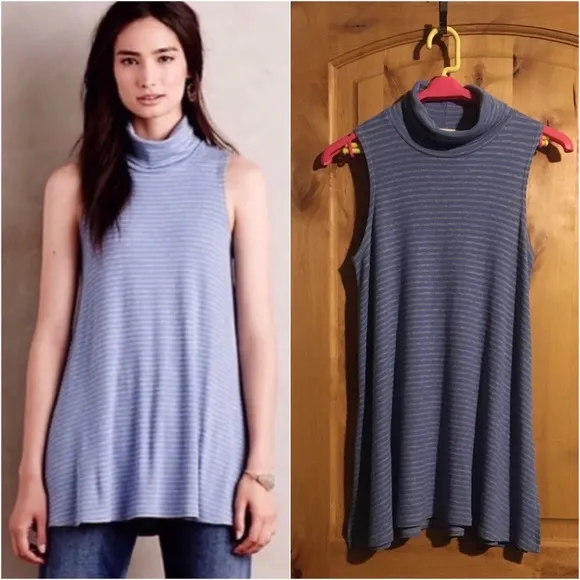 Puella ANTHRO Blue Grey Stripe Mock Neck Rib Tunic Tank $78 EUC M - Image 2