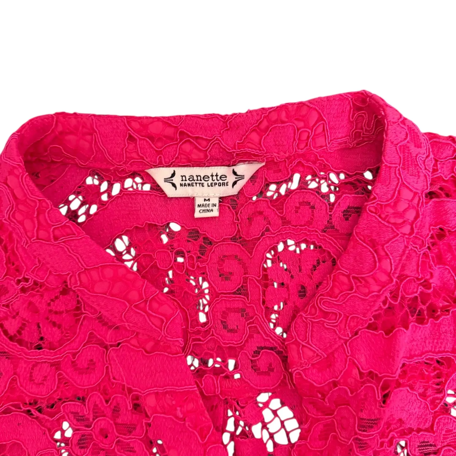 Nanette Lepore Puff Sleeve‎ Button Up Floral Lace Top Size M Pink See Through - Image 4