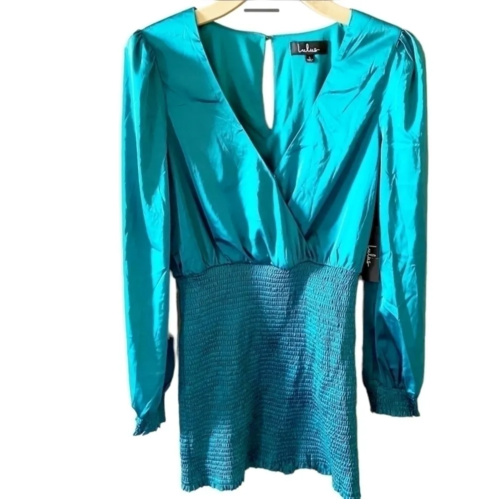 Lulus Jaw-Dropping Beauty Teal Blue Satin Smocked Bodycon Mini Dress Size L - Image 3