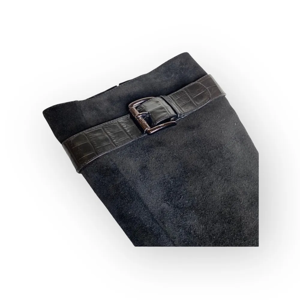 ♔ Croc Embossed Buckled Tall Heeled Boots Boot ♔ Black Suede ♔ 6M ♔ - Image 10