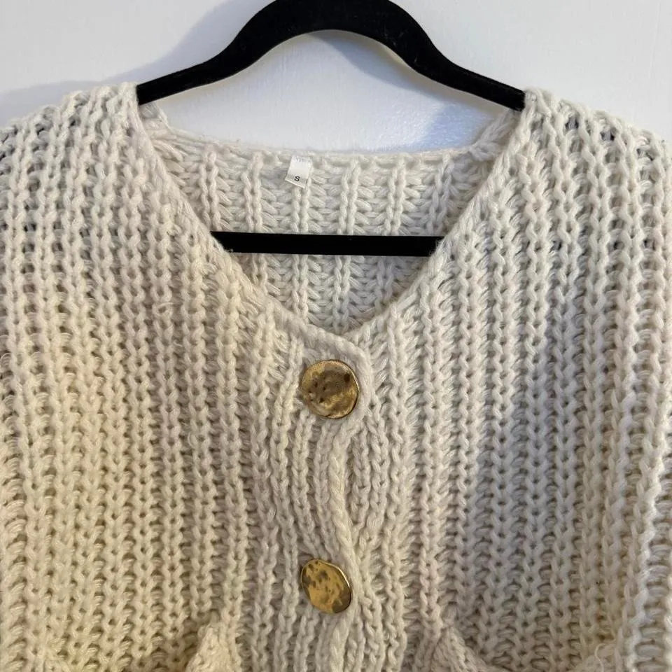 Chunky Knit Cardigan Cream V Neck Button Front Pockets Cozy Oversized Small - Image 3