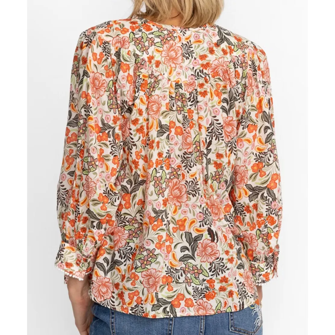 JOHNNY WAS Women's Cotton Boho Blouse LARGE Valencia Circle Yoke Orange Harvest - Image 3