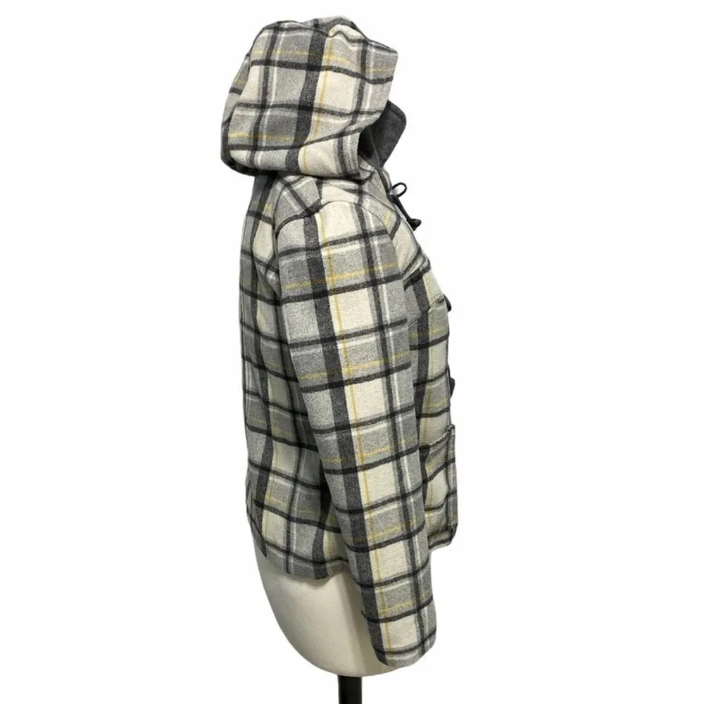 Old Navy  Plaid Wool Winter Jacket With Hood Toggle Jacket Gray Yellow‎ Small - Image 9