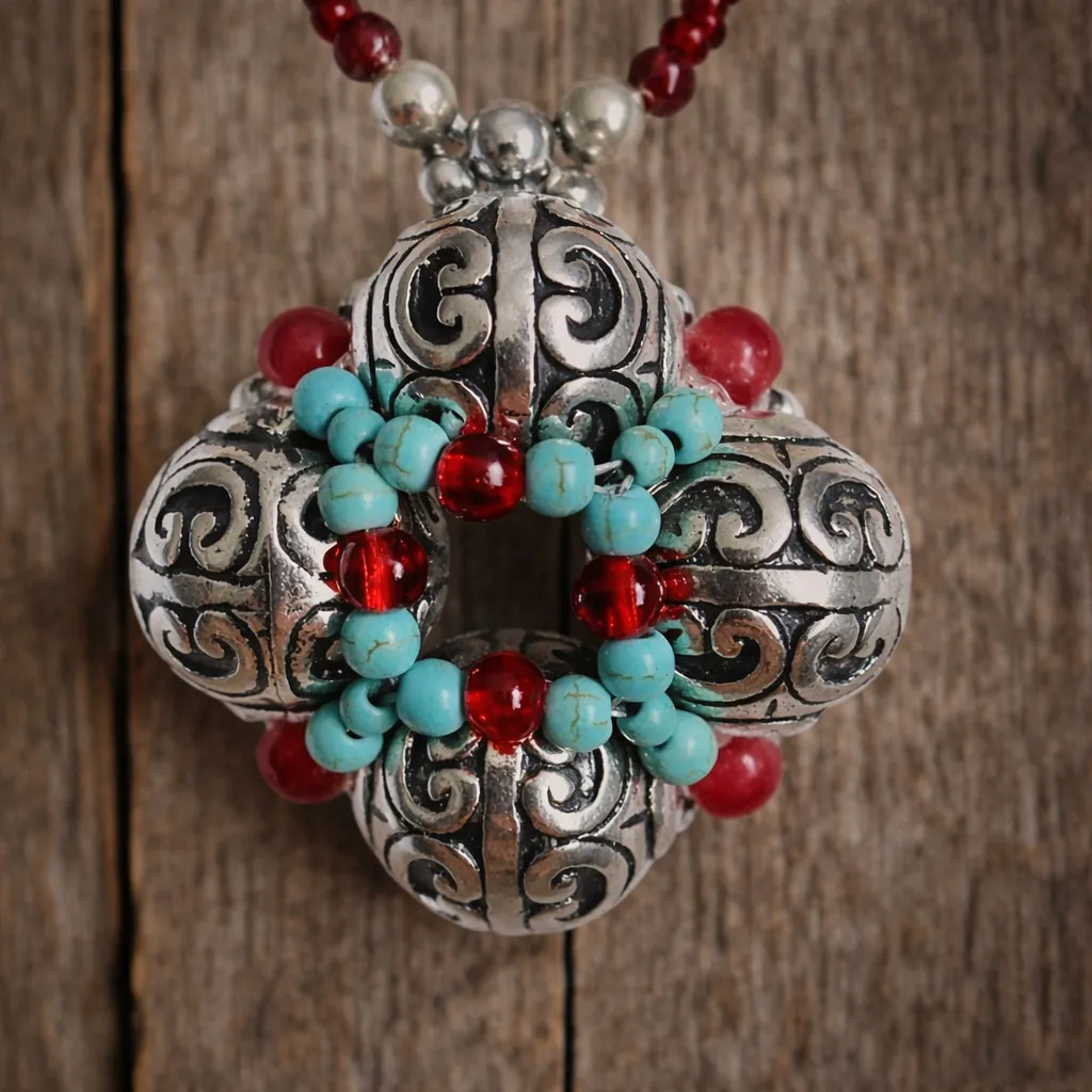 Vintage Southwest Red Bead Necklace w/ Turquoise & Ornate Silver Pendant - Image 3