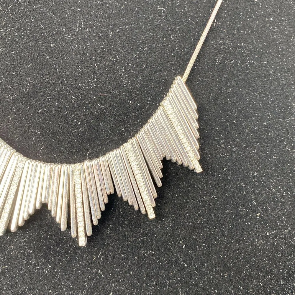 Vintage Silver Tone Rhinestone Brutalist Art Deco Bib Necklace Metal Fringe - Image 6