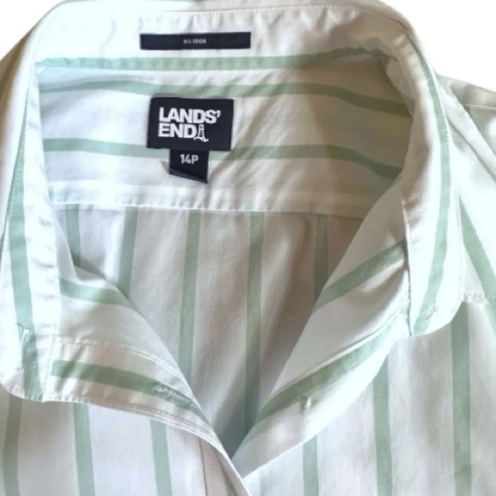 Lands' End Women's No Iron Cotton Long Sleeve White and Green Striped Shirt 14 P - Image 5