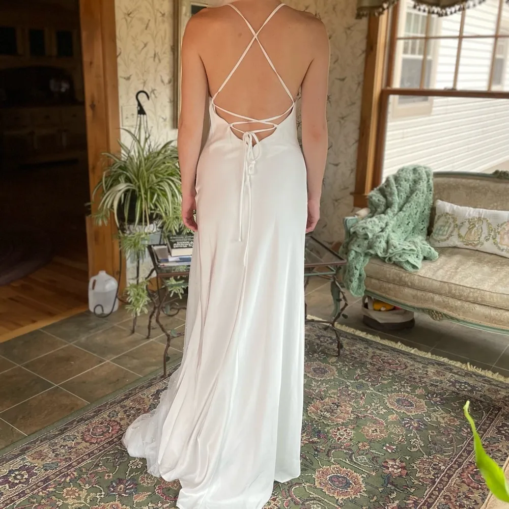 Elegant Ivory White Satin Draped Cowl Neck Open Back Slip Bridal Gown 6 - Image 3