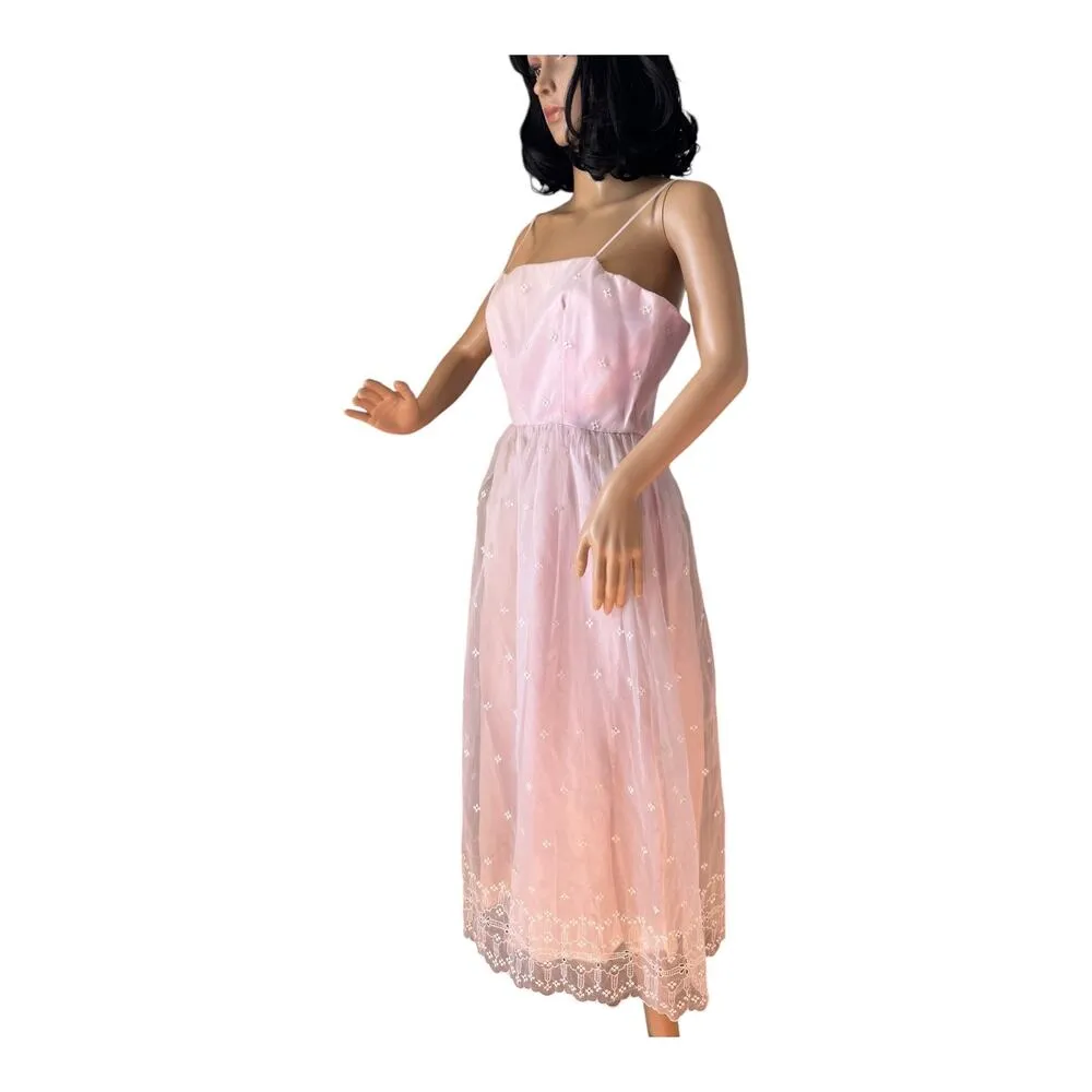 American vintage pink & white sheer eyelet bridesmaid prom maxi dress size Small - Image 2