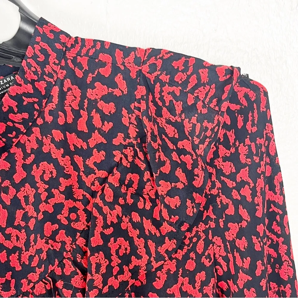 ZARA Premium Collection Black And Red Long Sleeves Ruffle Leopard Print Dress XS - Image 9