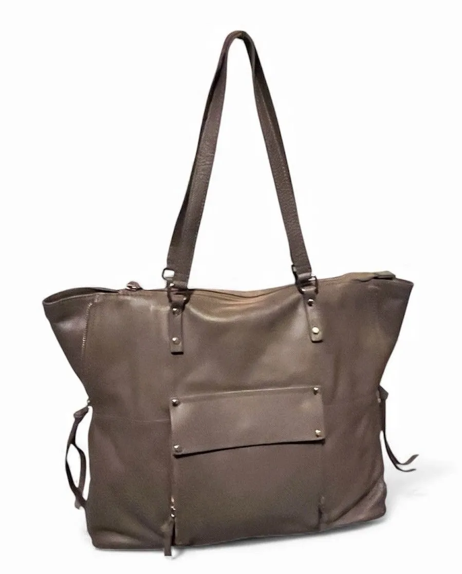 Kooba Leather Tote Bag Brown Zip Gusset Sides Expandable Front Pocket Shoulder - Image 1