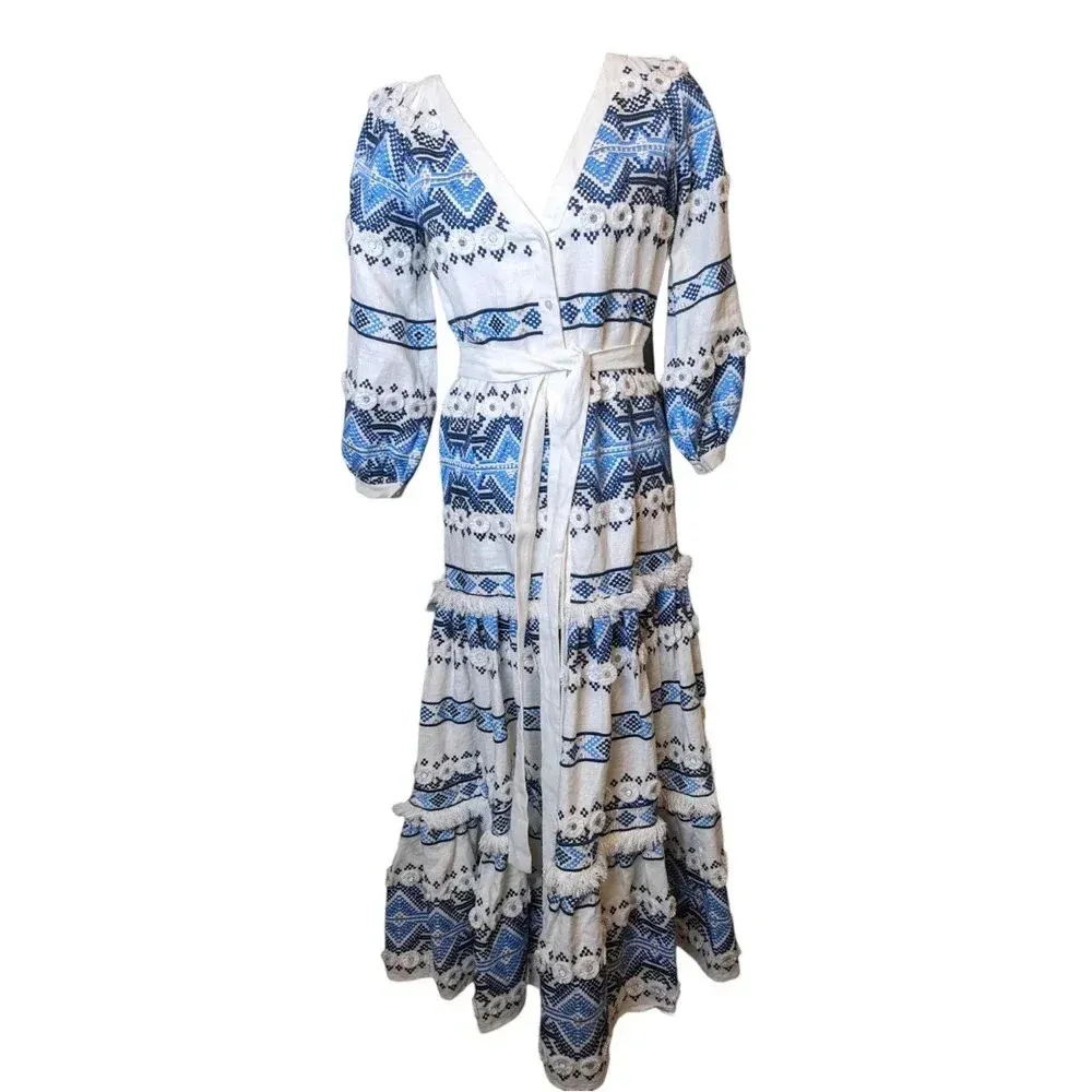 NWOT Alexis Wylla Embroidered Linen Blend Maxi Dress XS Blue White - Image 12