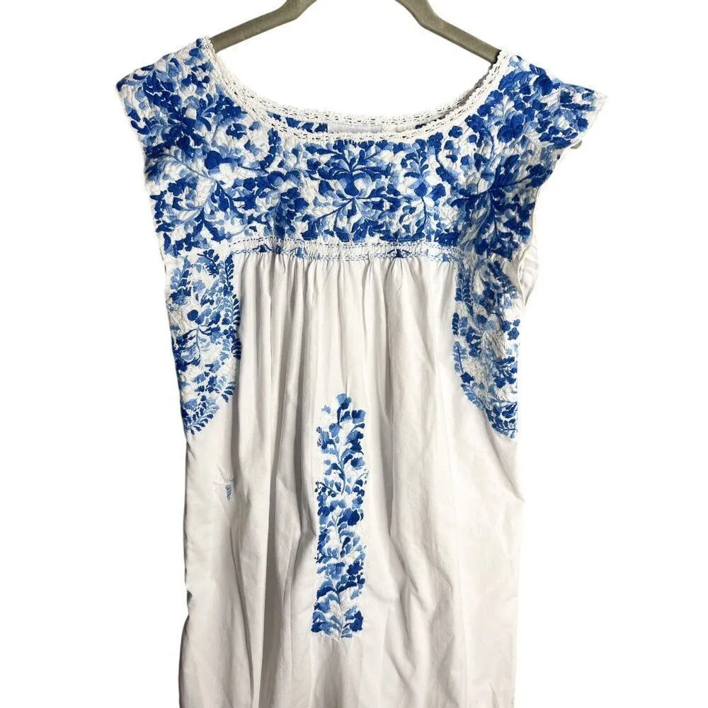 Mi Golondrina Flores Short Dress Cielo‎ Mexicano Size XS White Blue Embroidered - Image 4