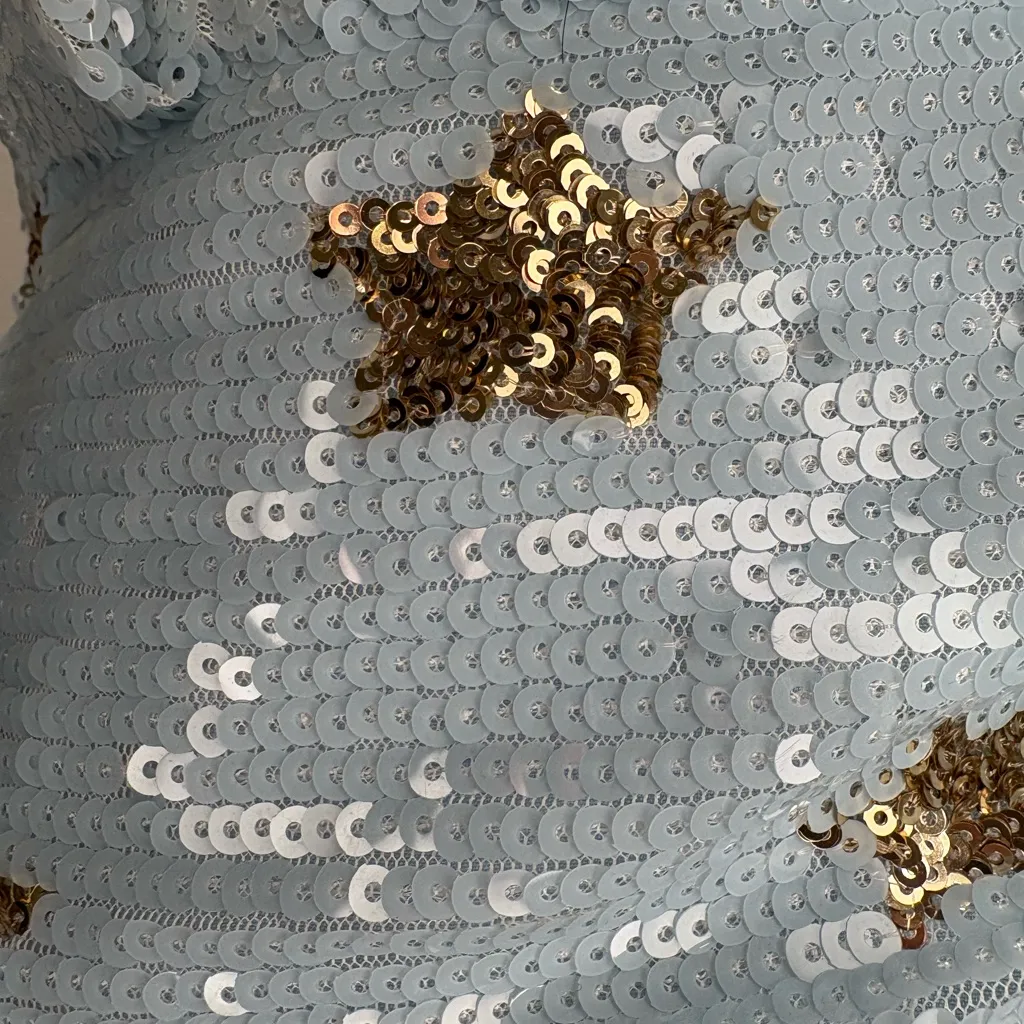 Revolve Super Down Dina Mini Dress Sz S Light Blue Gold Star Ruching @ Waist - Image 10