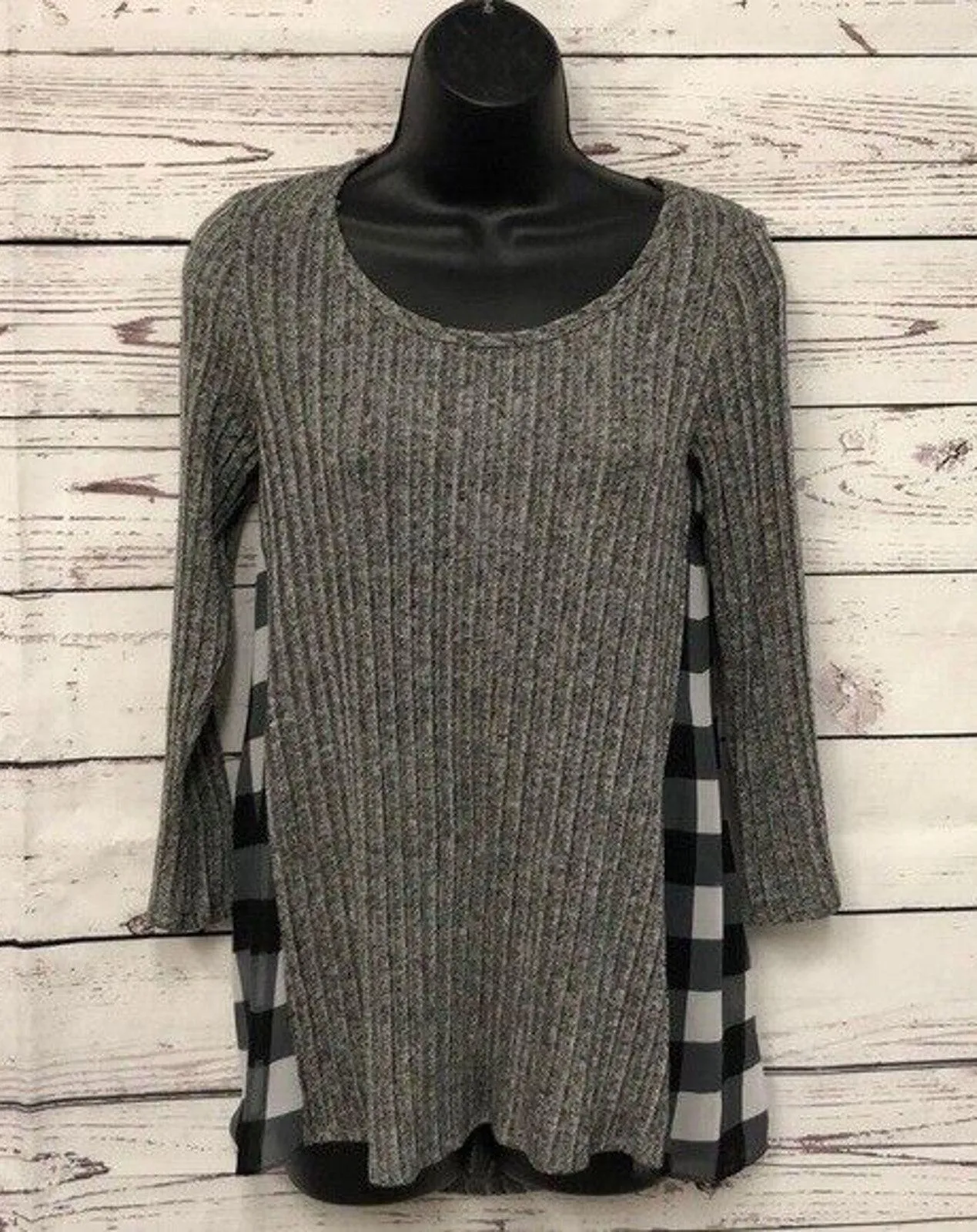 Moa Moa light Gray sweater Black White Buffalo plaid chiffon sides Tunic Size M - Image 2