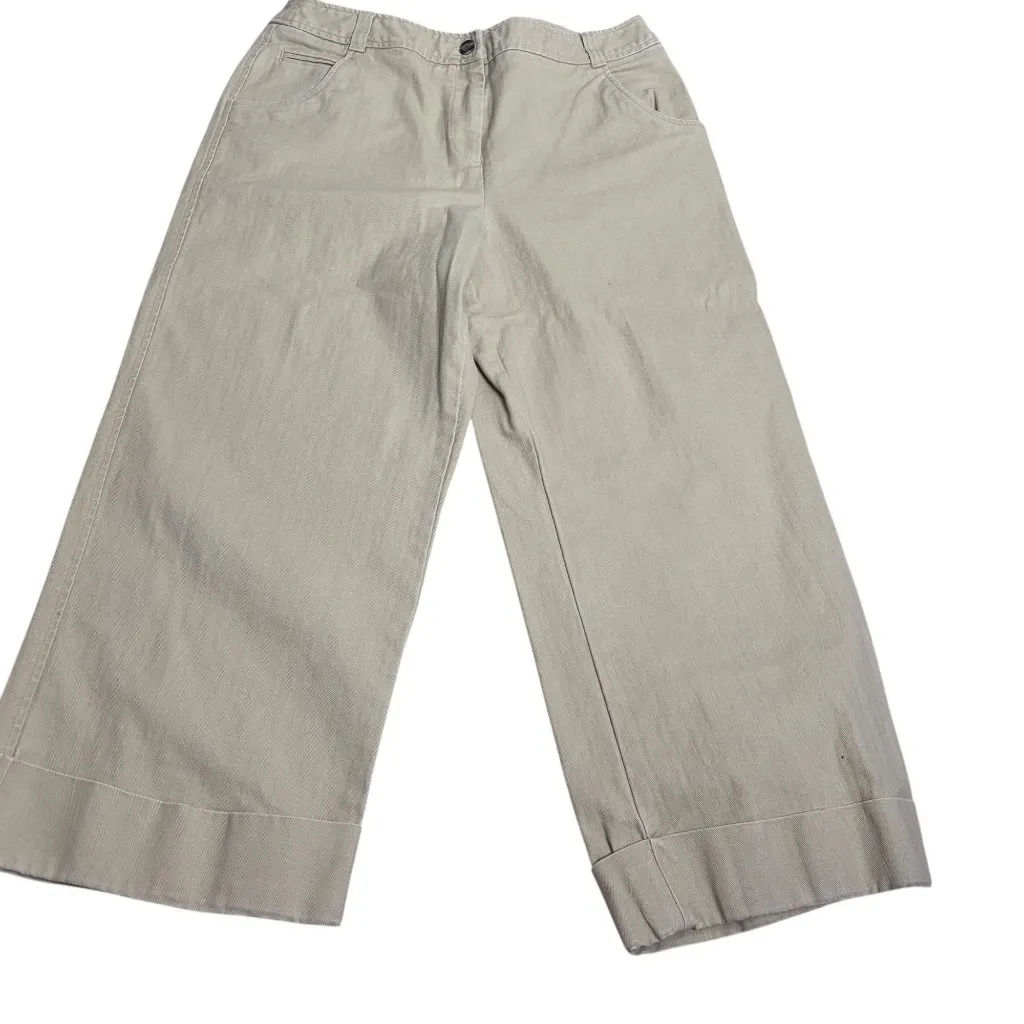 Valerie Stevens Wide Leg Cropped Pants Size 12 Beige Capri Pockets Button Zipper - Image 1