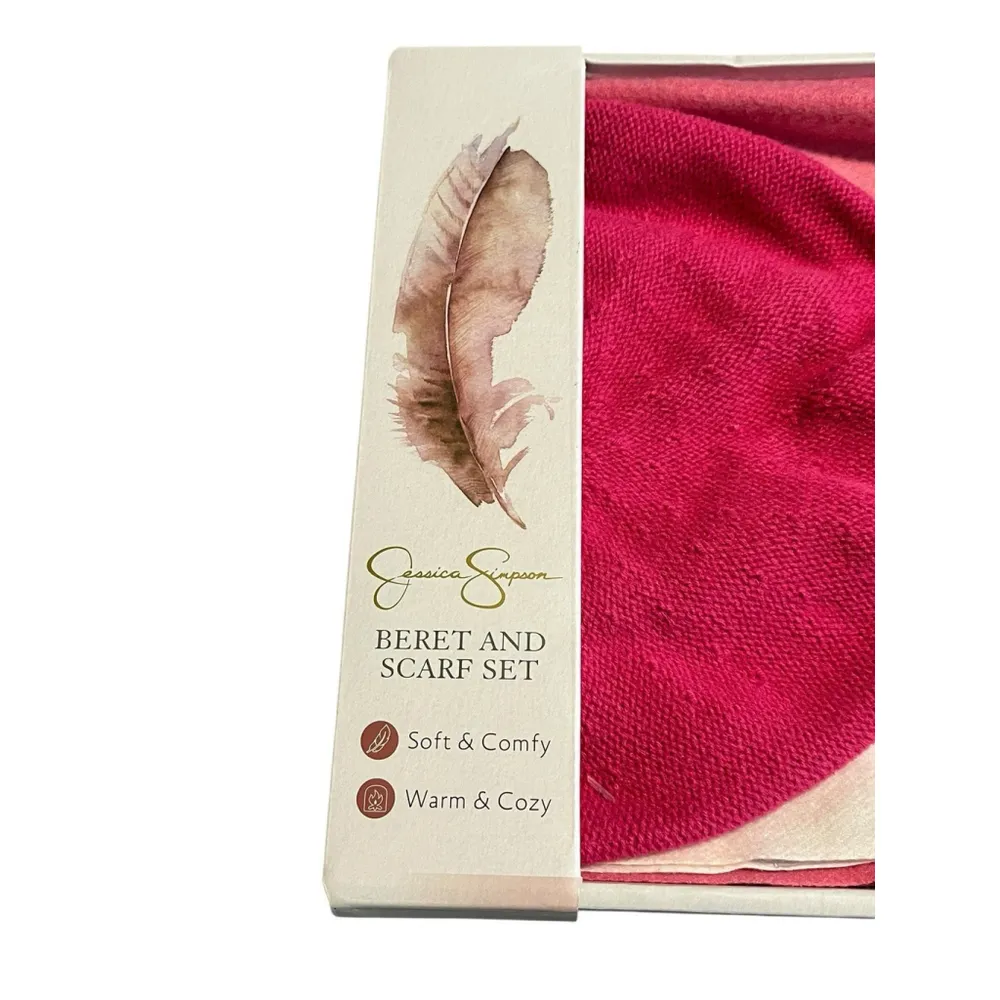 Jessica Simpson Beret And Scarf Set Pink White Adult OS Warm Cozy Soft Gift NEW - Image 2